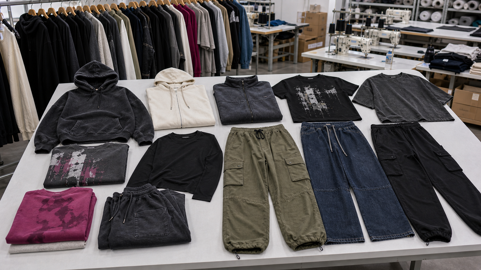 Cargo pants and utility fashion samples for streetwear production