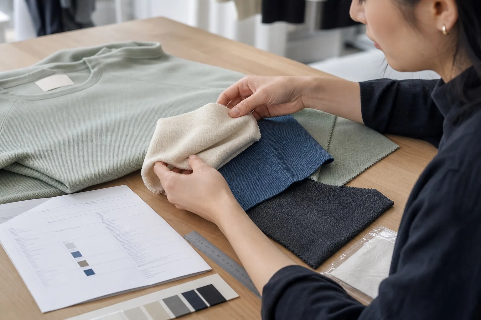Material specialist checking cream, blue, charcoal, and sage fabric headers beside a garment sample and unbranded material record