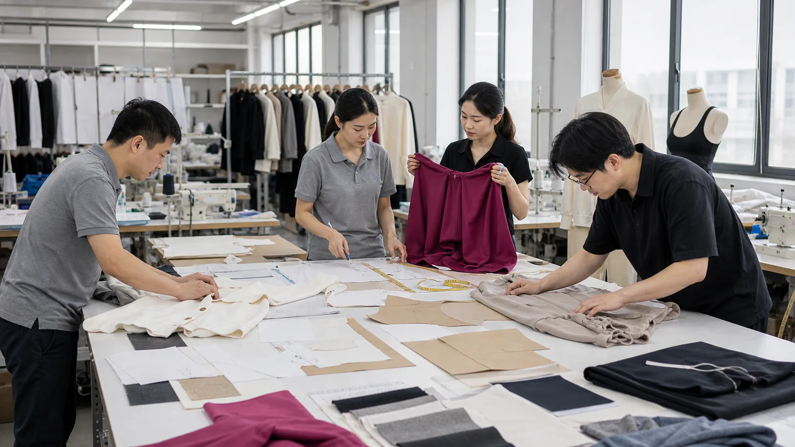 Yinshan Fashion team reviewing garment pattern pieces, sample garments, fabric swatches and measurement notes before bulk handover