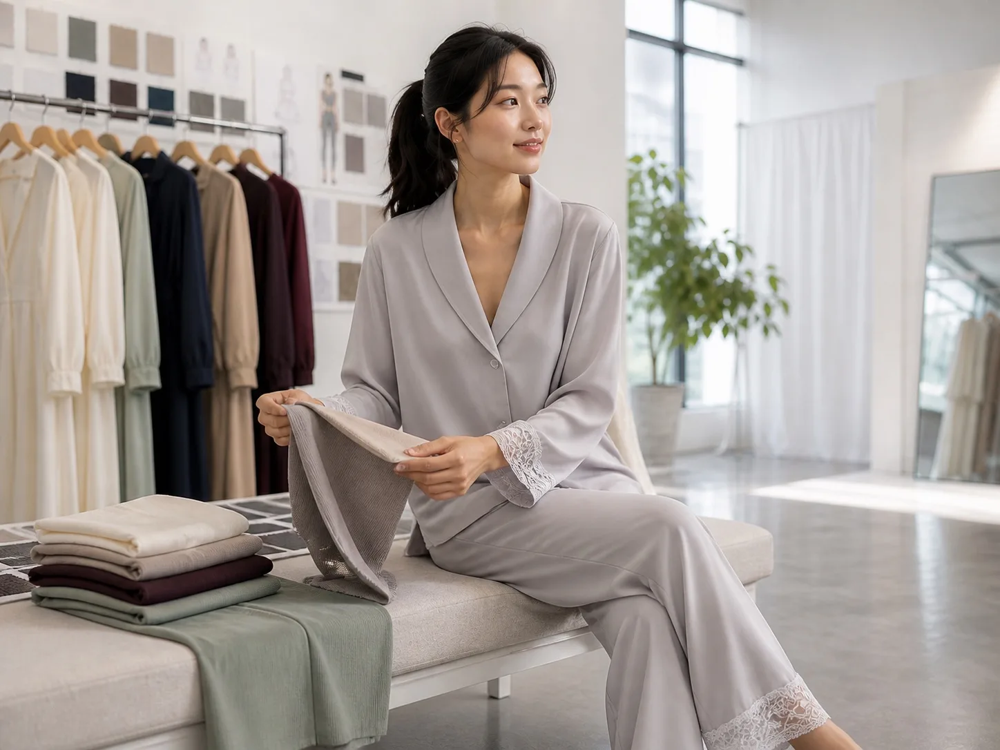Model reviewing fabric in a soft knit loungewear set from the Yinshan collection