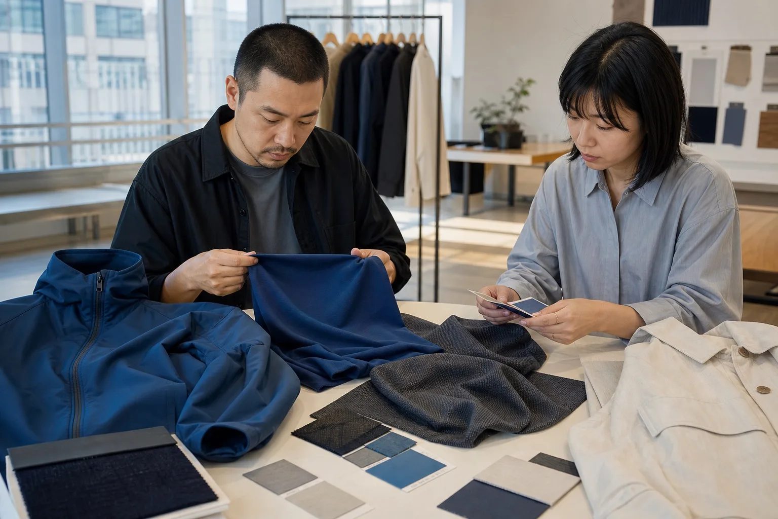 Fashion team reviewing blue garment fabric and material samples for recycled polyester development.