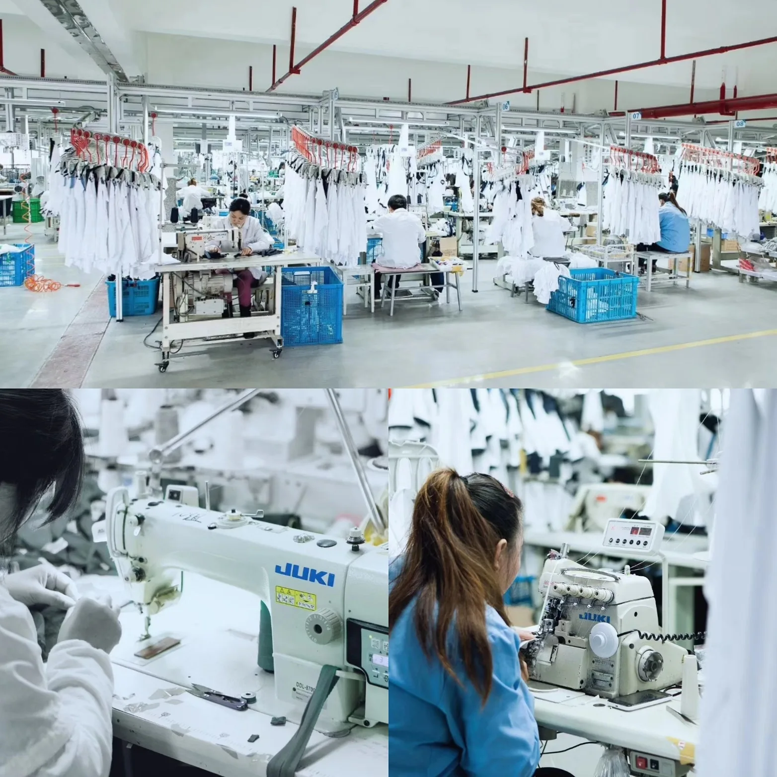 Yinshan Fashion garment production floor with sewing operators and hanging-line workflow