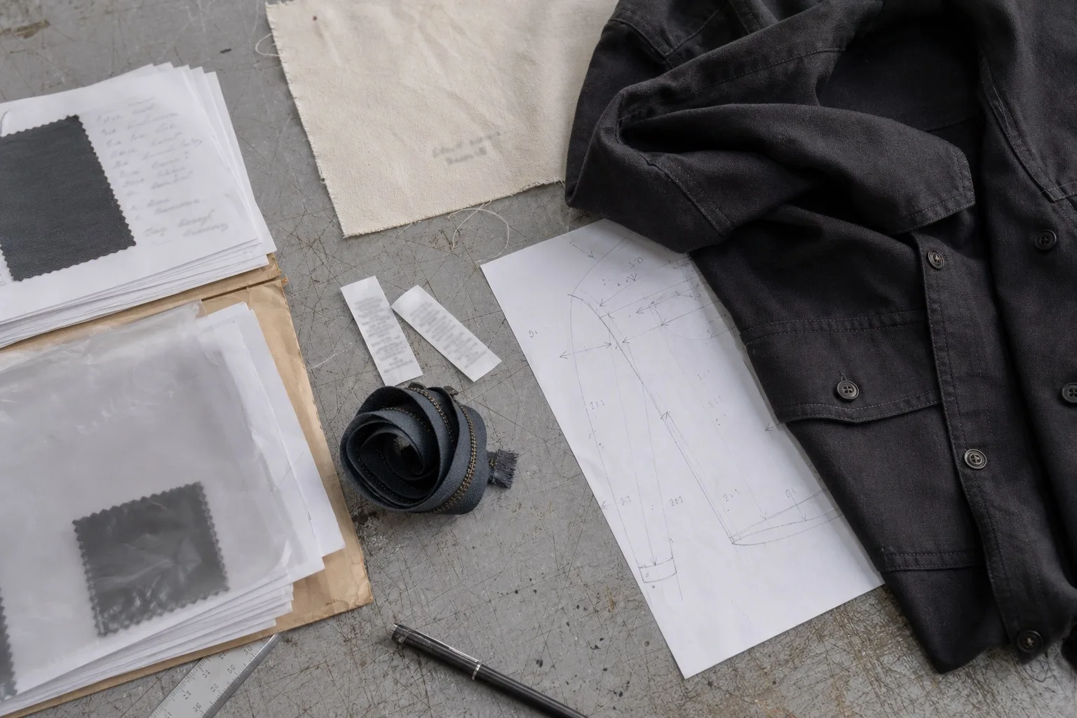 Garment, fabric swatches, component records, and pattern notes prepared for fashion traceability review.