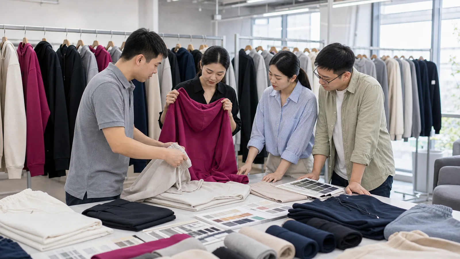Yinshan Fashion development team reviewing apparel samples, folded garments and colour swatches before a private-label production brief