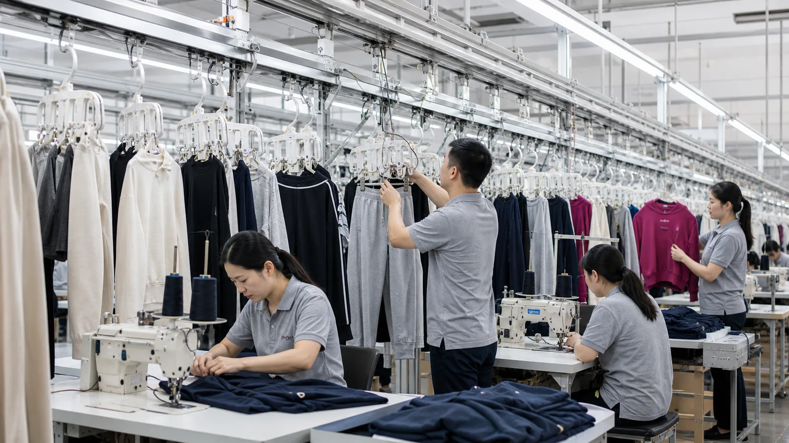 Garment operators working beside an overhead hanging-line system in a fashion factory