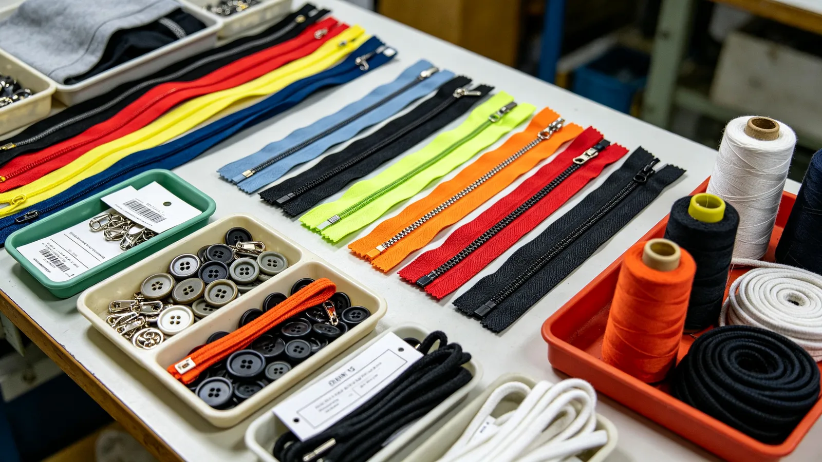 Garment components including zips, buttons, cords, and thread prepared for product development