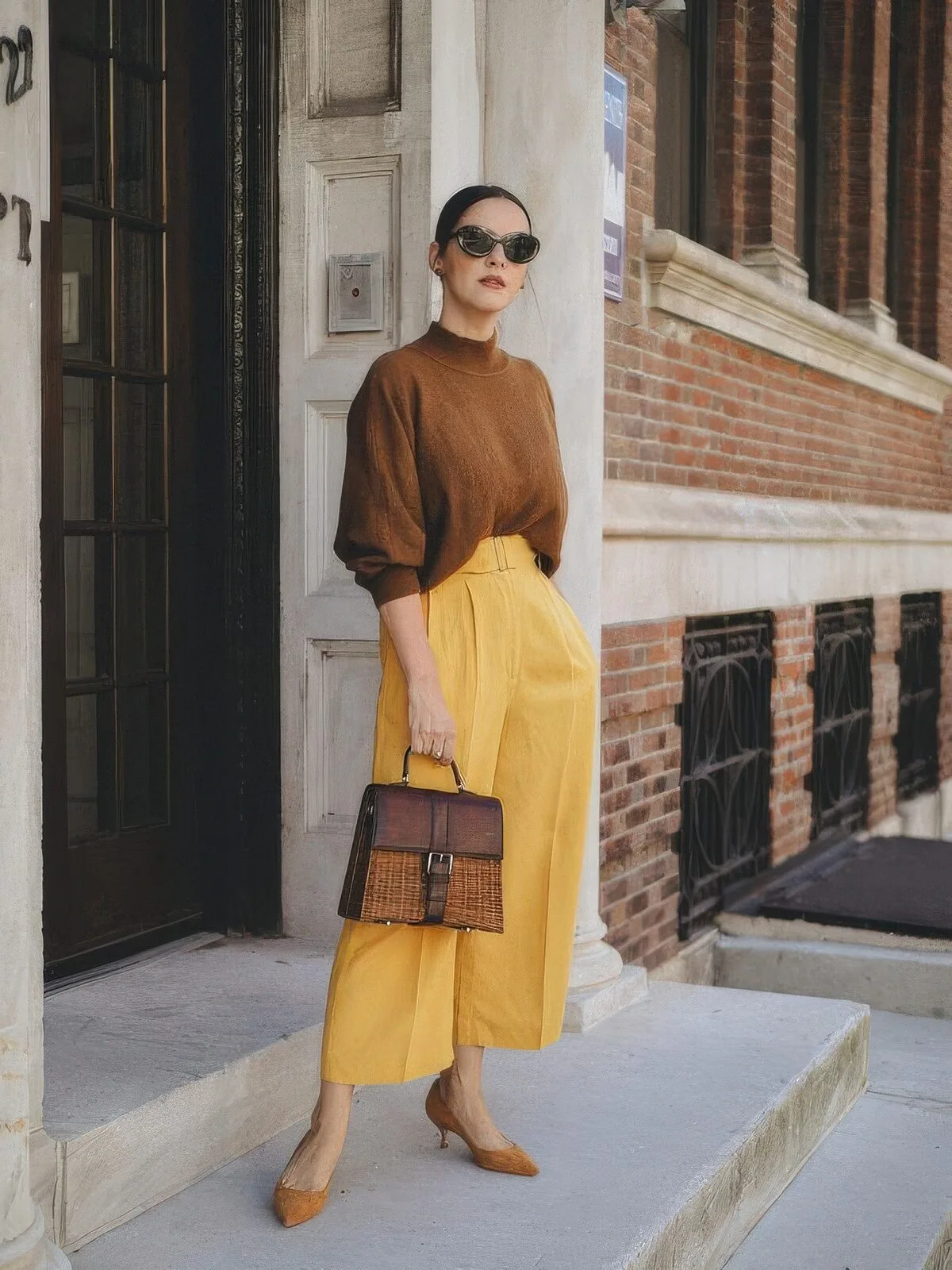 Mustard yellow wide-leg trousers used as a retro sunset yellow apparel color reference