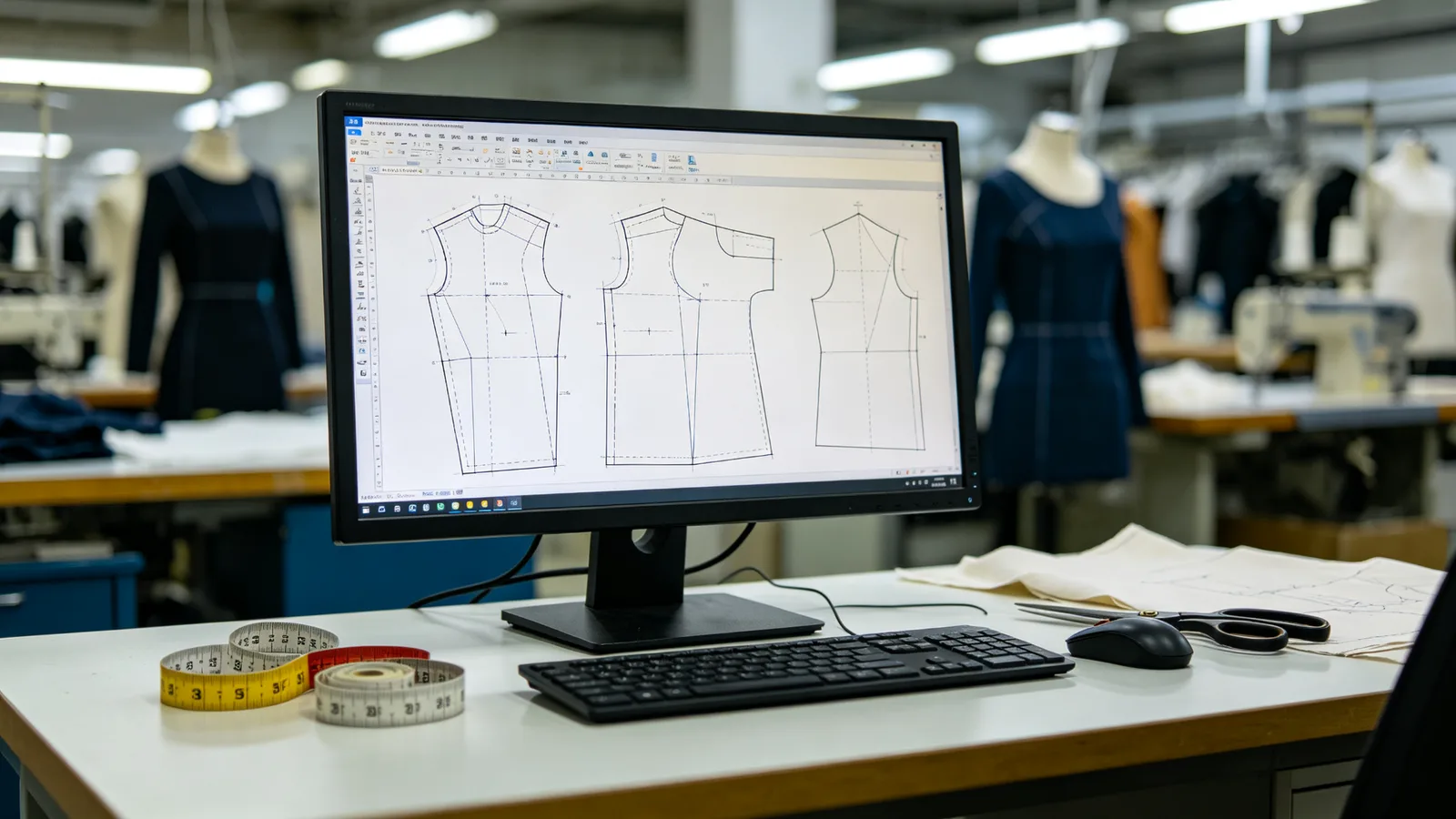 Kleid-Schnittmusterplanung auf einem CAD-Bildschirm mit Musterstoffen und Maßbändern