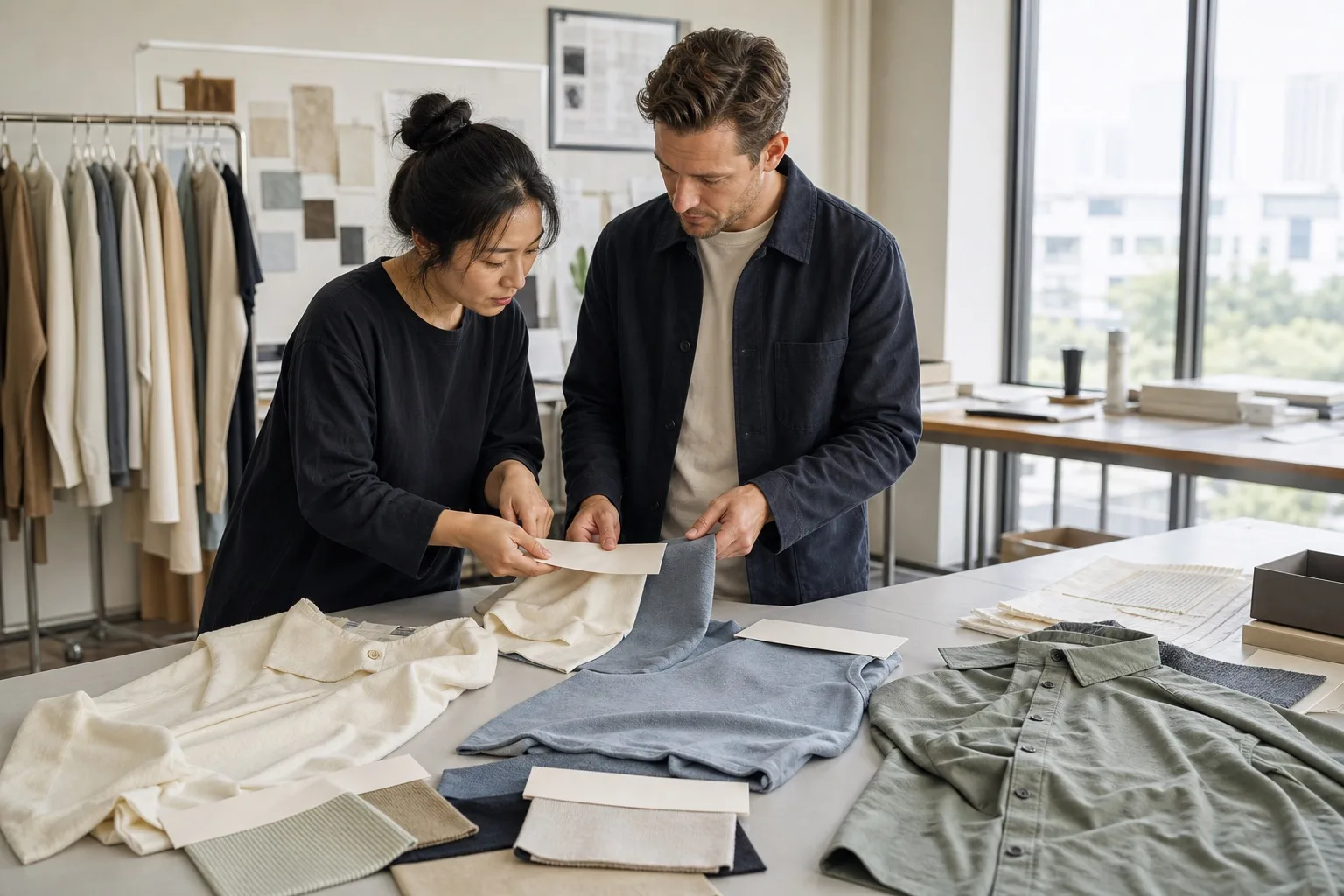 Fashion buyer and apparel developer reviewing garment samples, fabric headers, and unbranded material information before sampling