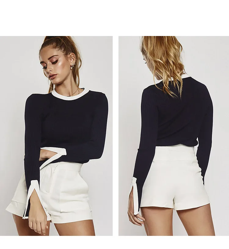 Black contrast-cuff ribbed top shown in front and back view