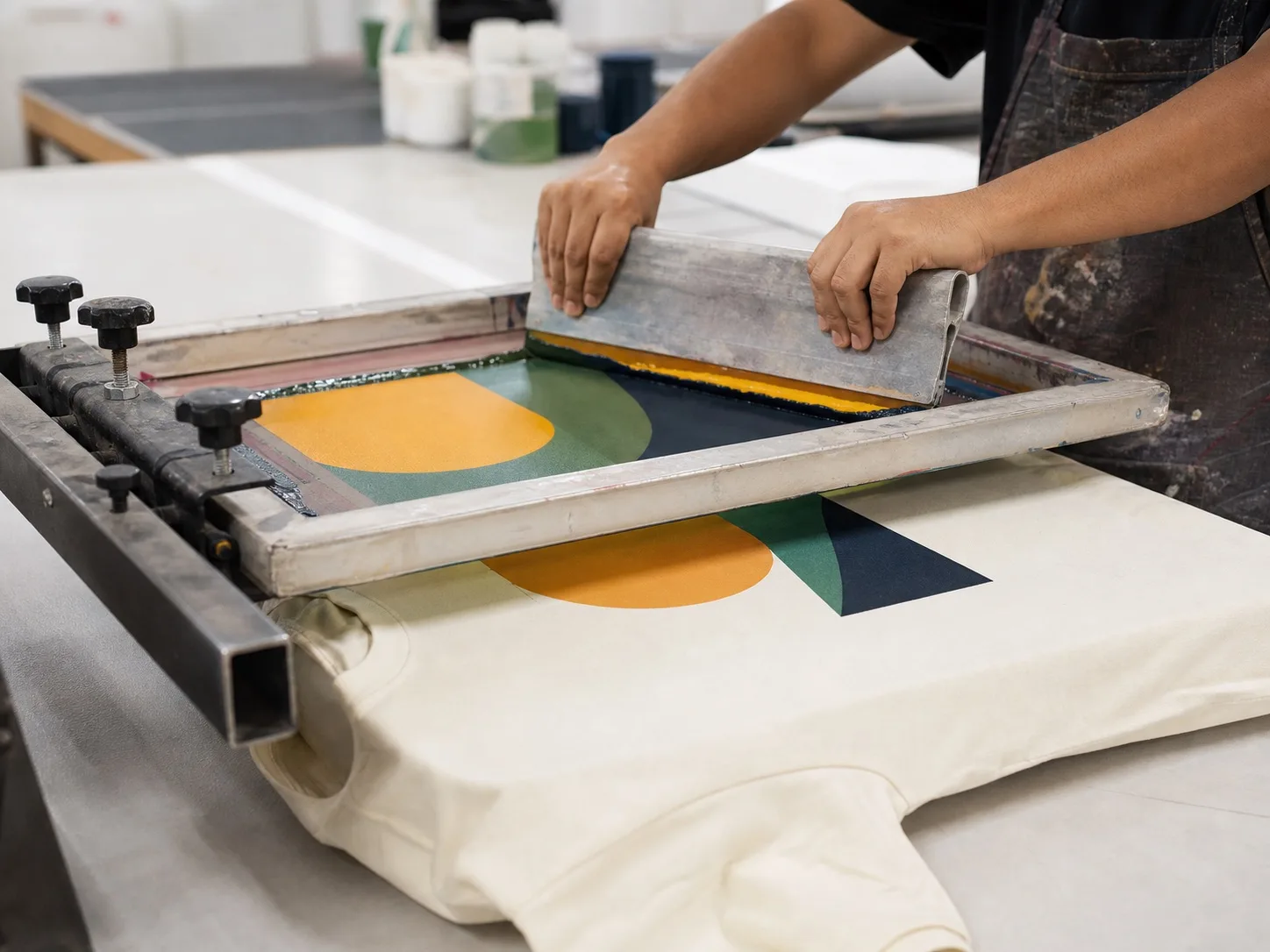Screen printing an abstract graphic onto a heavyweight fashion T-shirt