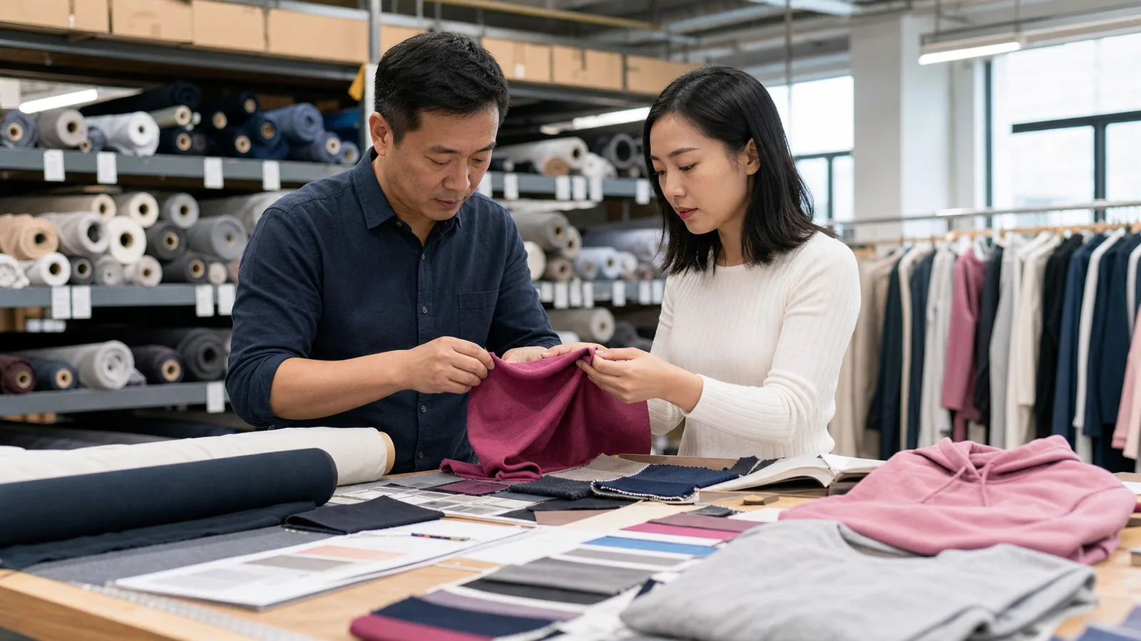 Chinese apparel development team comparing fabric specifications and garment samples before bulk production