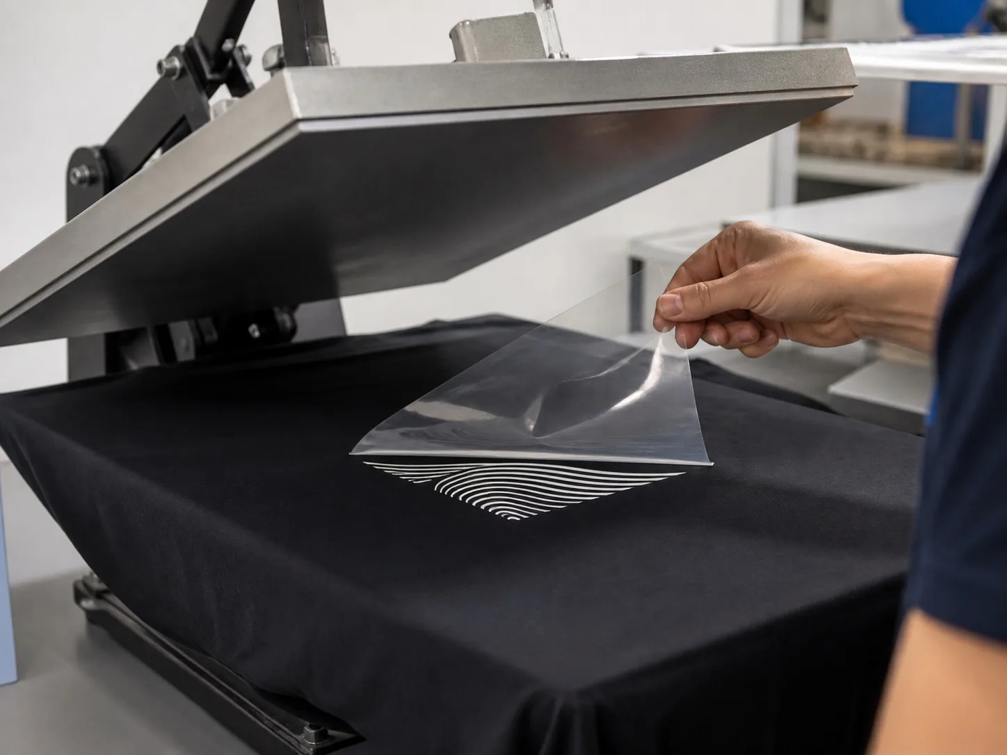 Heat transfer application on a smooth black fashion T-shirt
