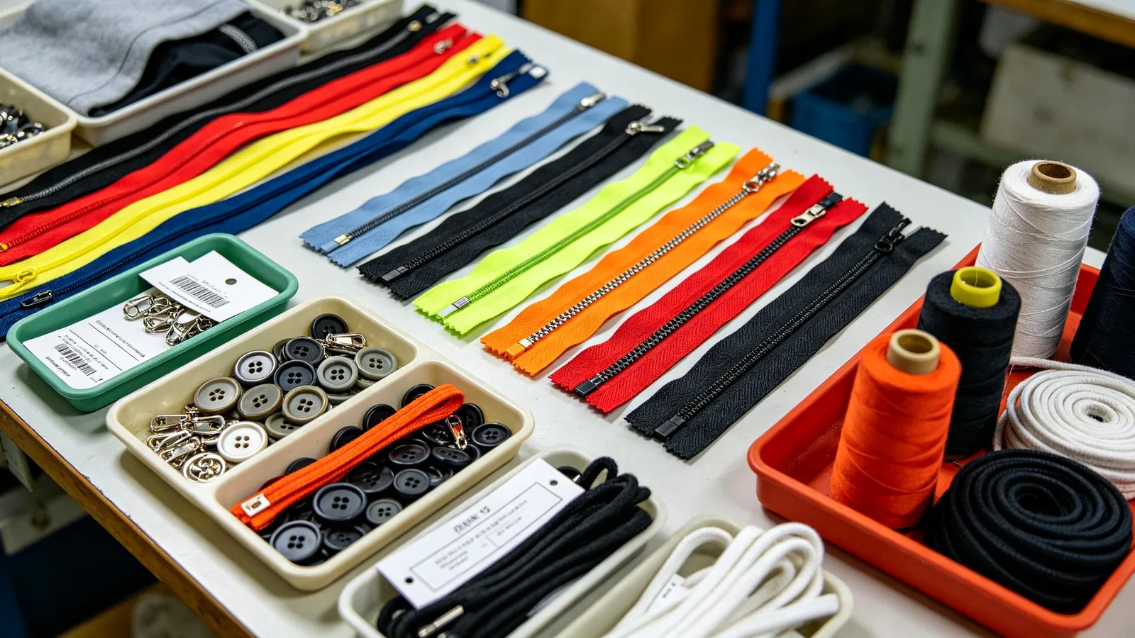 Garment components including coloured zips, buttons, cords and sewing thread arranged for trim specification review