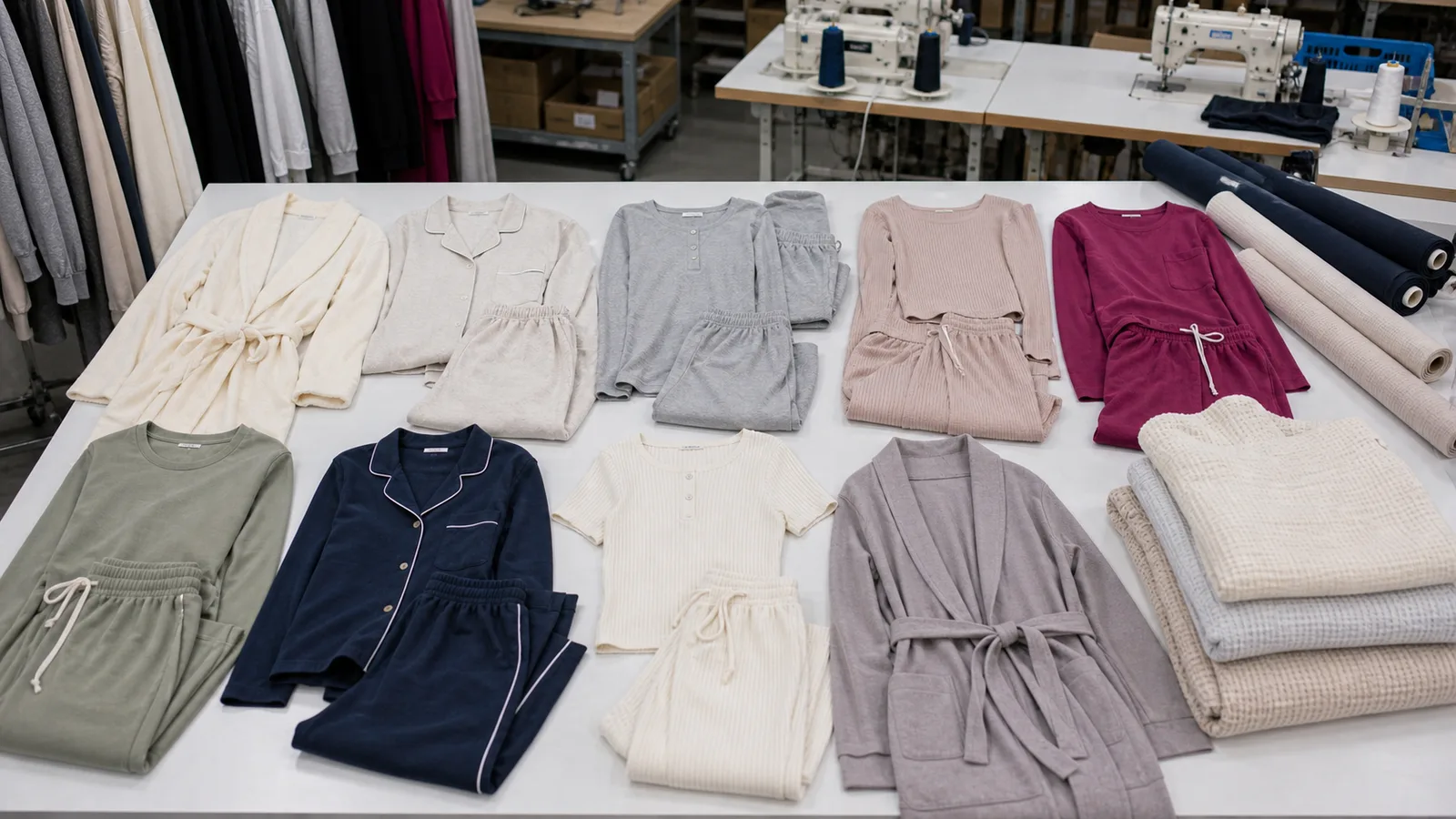 Loungewear samples with soft sets, pajama styles, robes, and fabric references