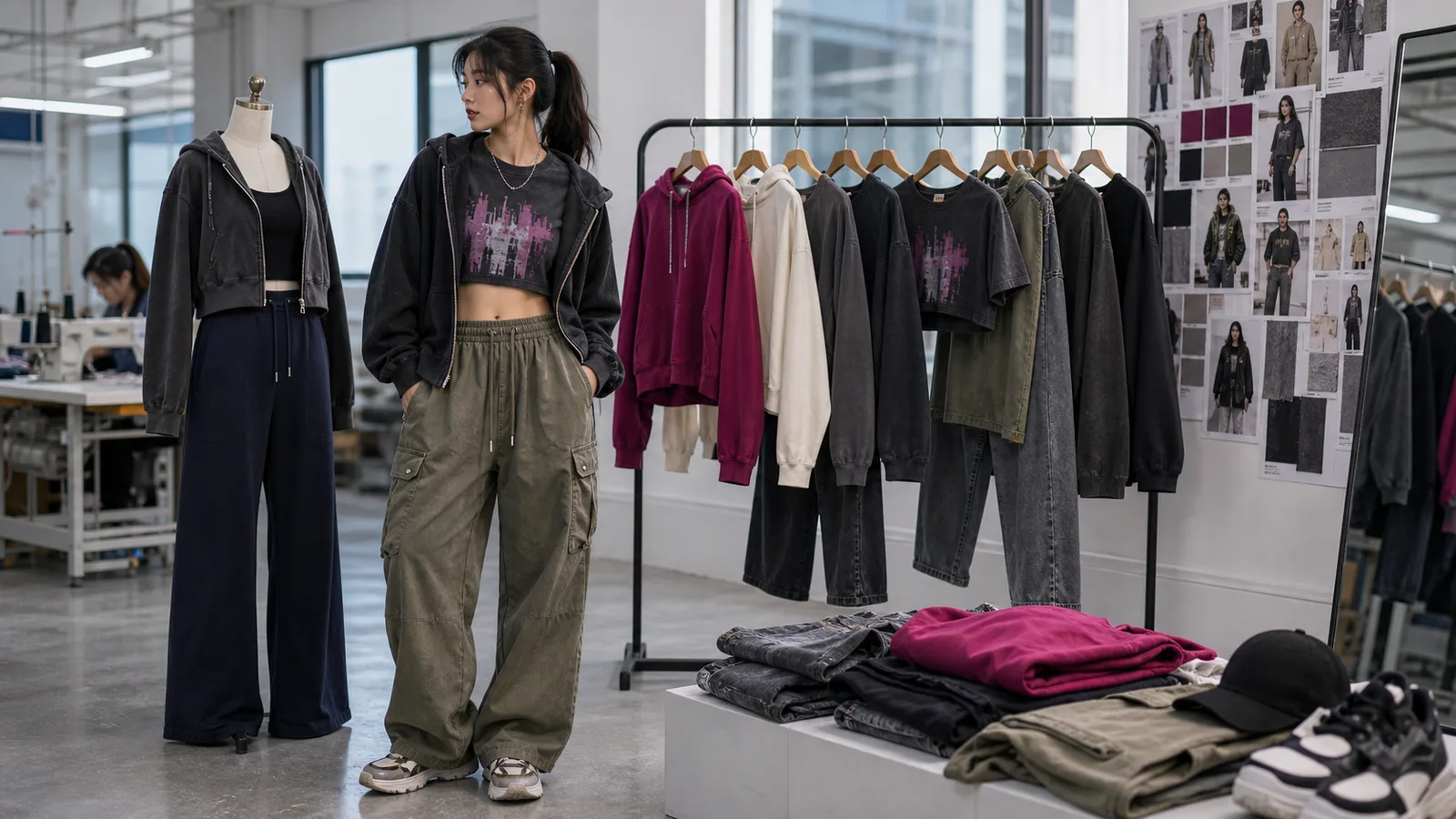 Women's streetwear collection with oversized hoodies, cargo pants, denim, and graphic tees