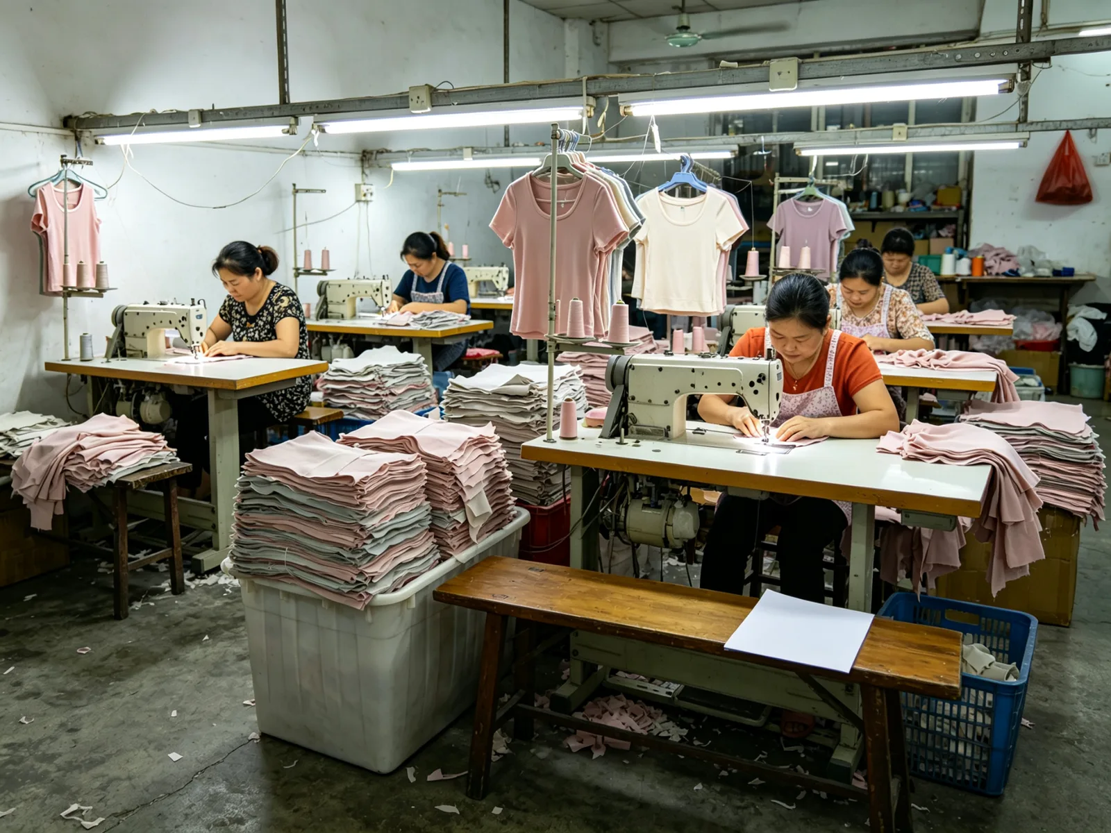 Supplied apparel production image showing unbranded workers sewing pink knit garments