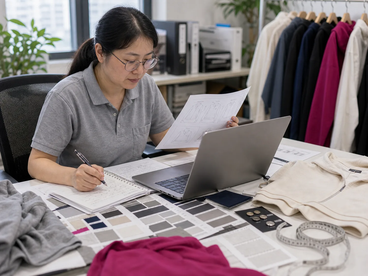 Fashion apparel merchandiser reviewing buyer enquiry, tech pack, fabric swatches, and sample details