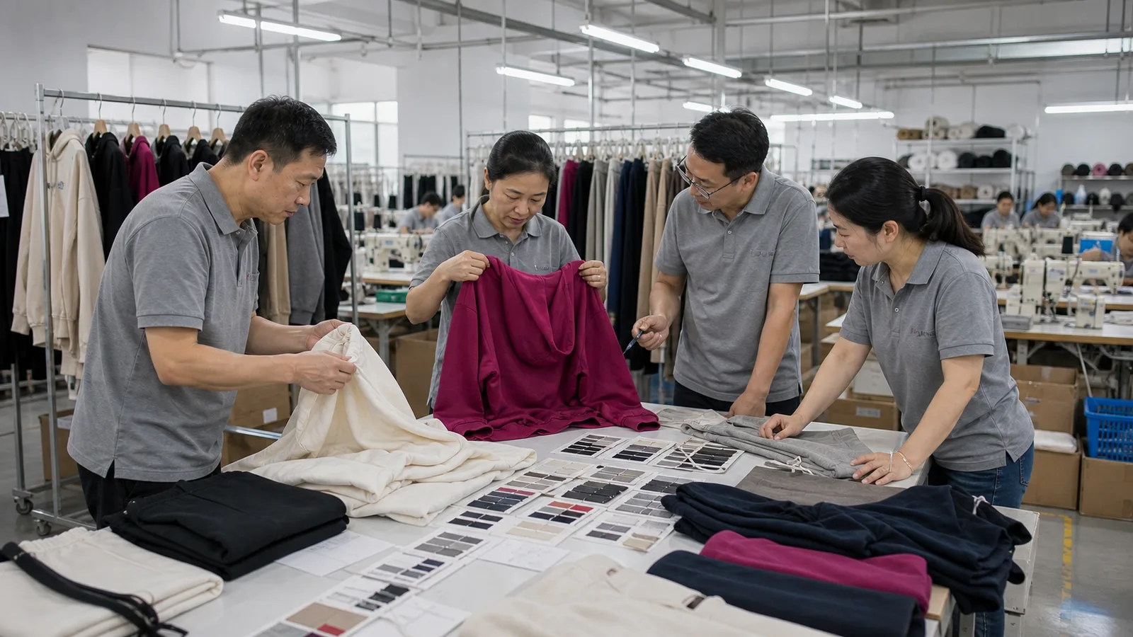 Yinshan Fashion team reviewing garments, swatches and sample details in a factory development area