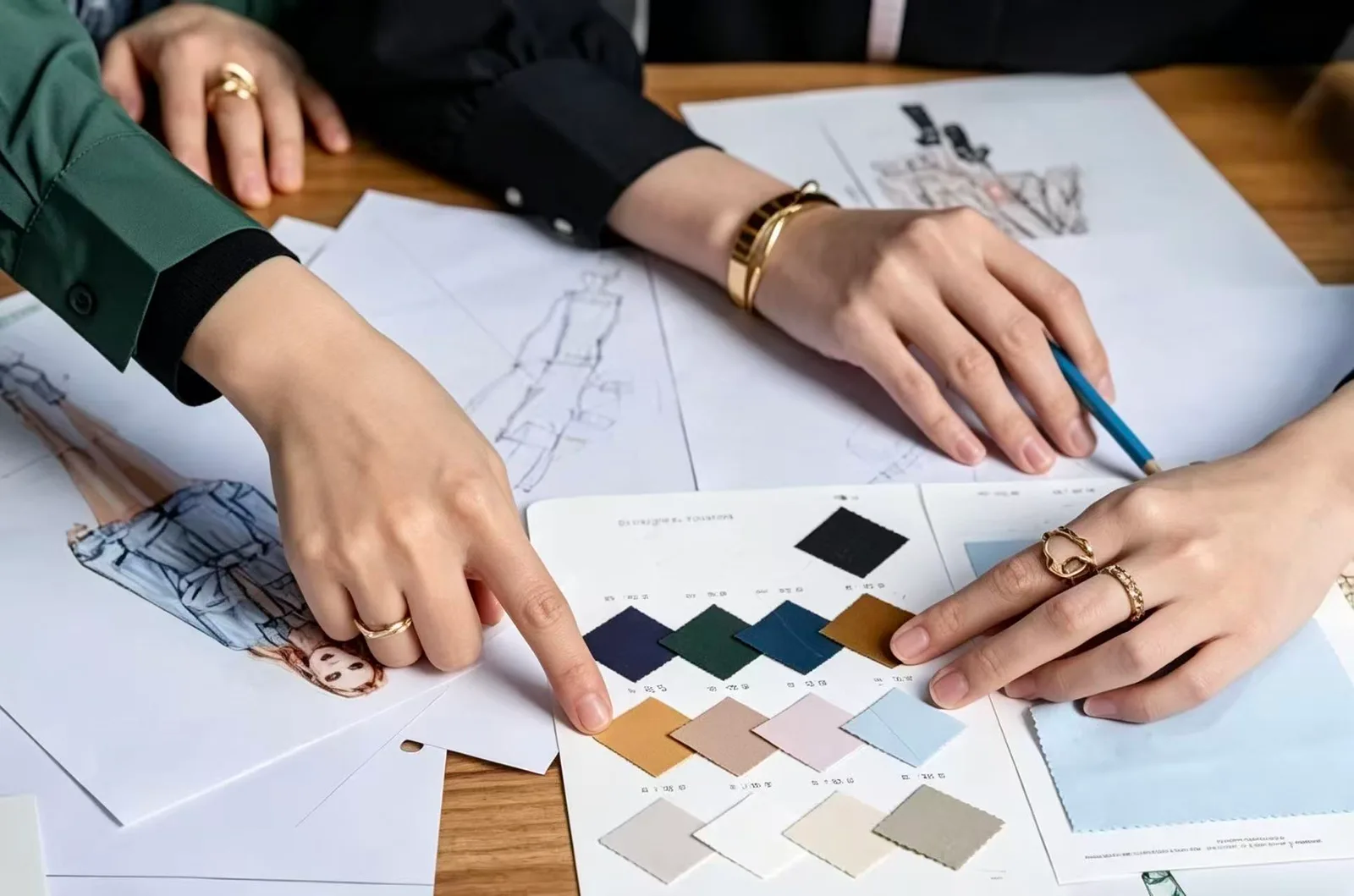 Fashion development team reviewing fabric color swatches and garment sketches for material sourcing