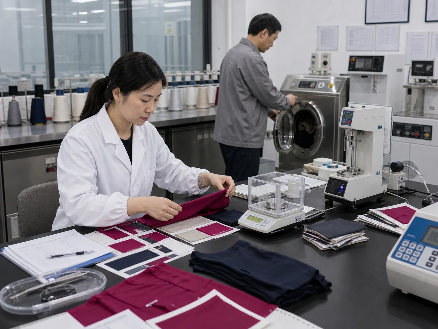 Textile testing lab checking fabric shrinkage, colorfastness, washing, and garment performance