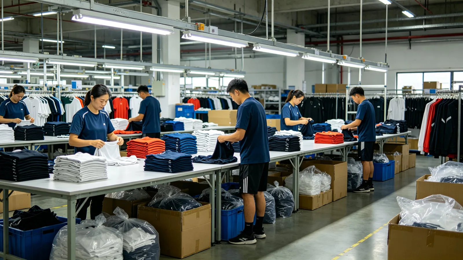 Yinshan Fashion team preparing folded garments and packing inputs for a controlled repeat-order handover