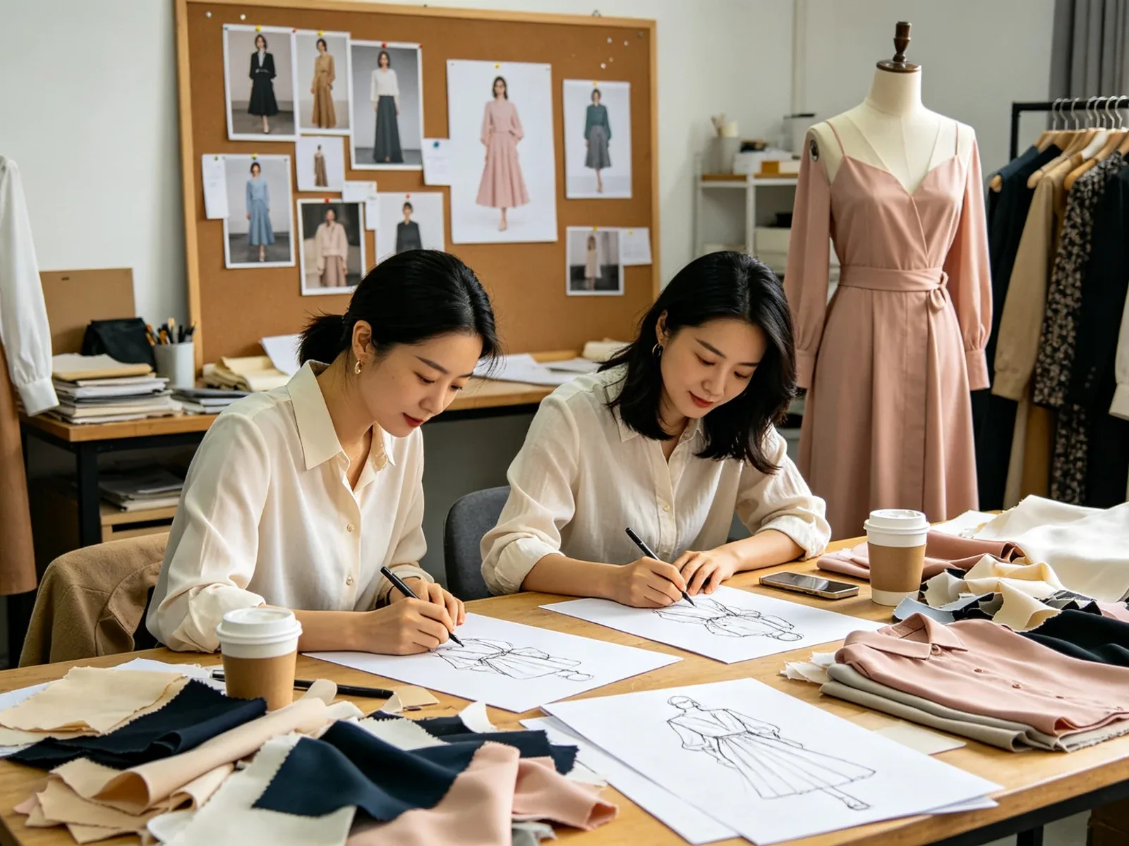 Fashion designers developing apparel concepts with sketches, fabrics, and garment samples