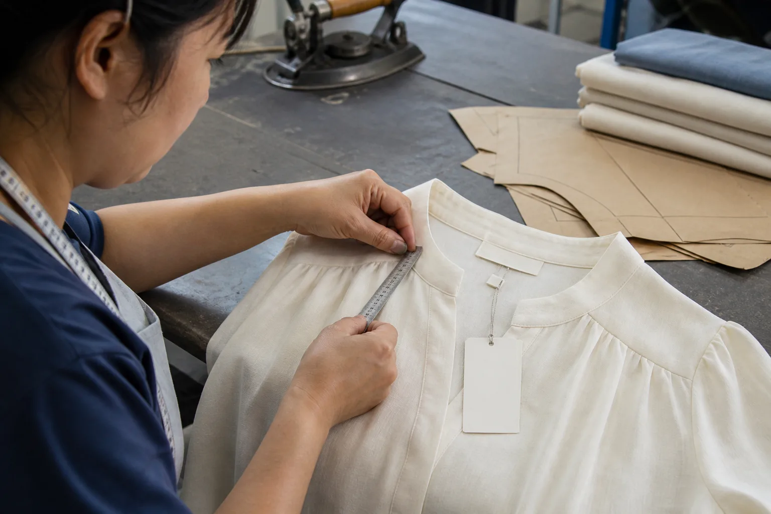 Private-label fashion garments, blank labels, hangtags, fabric swatches, and product specification notes at a development table