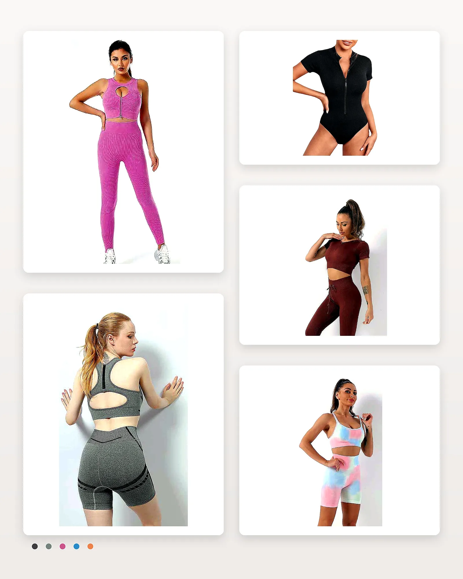 Editorial seamless activewear collage with bodysuit, sports bra sets, crop tops, shorts, and leggings