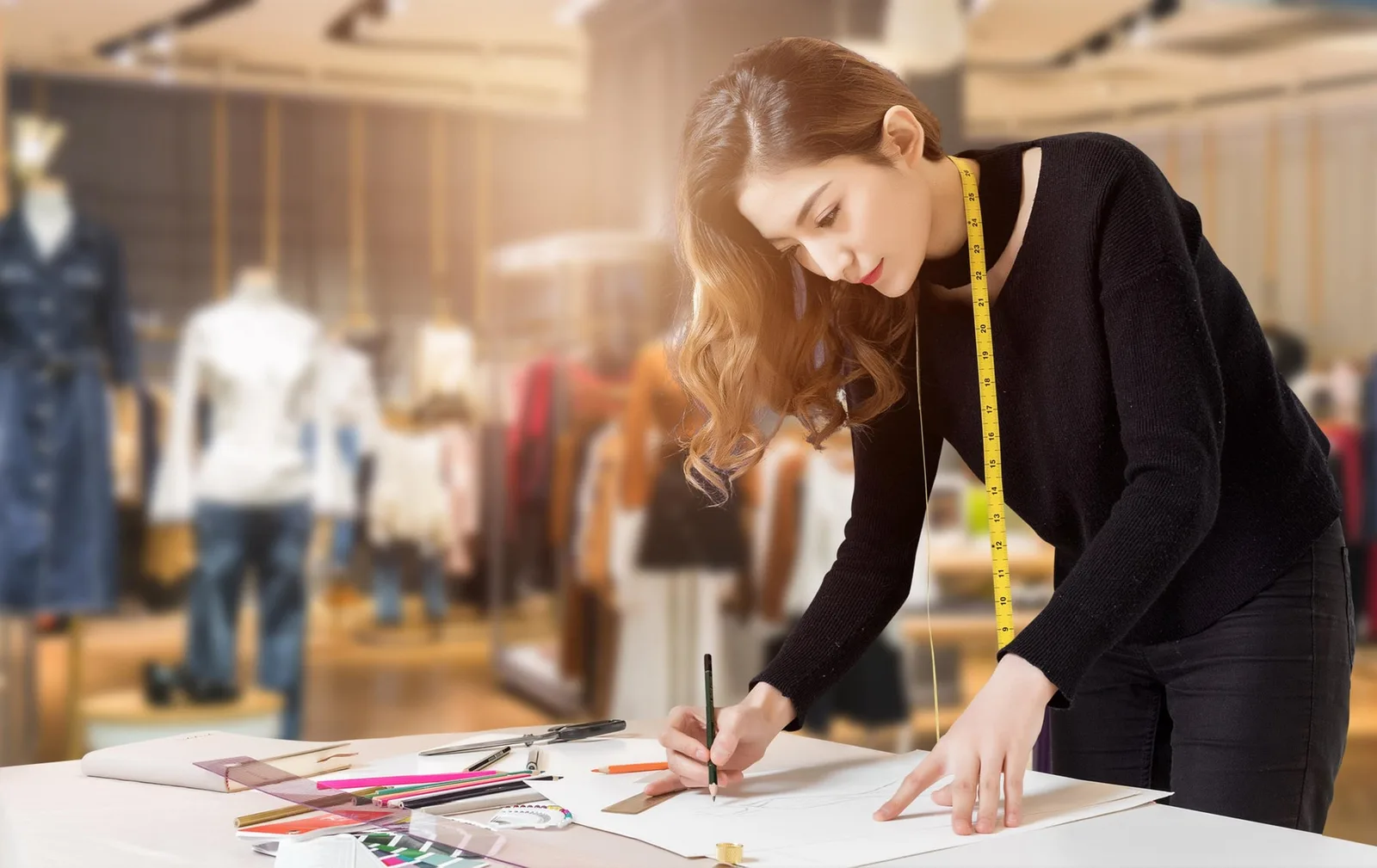 Designer sketching a garment before developing a focused first collection