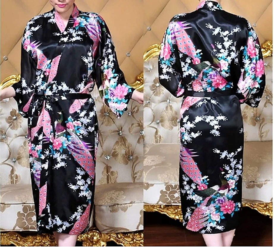 Black floral satin kimono robe front and back B2B development reference image