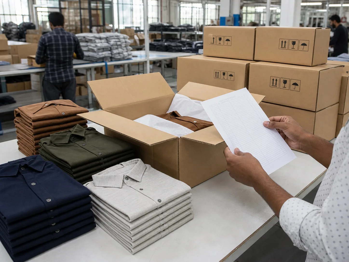 Bulk apparel order with folded garments, export cartons, and a final packing quality-control check