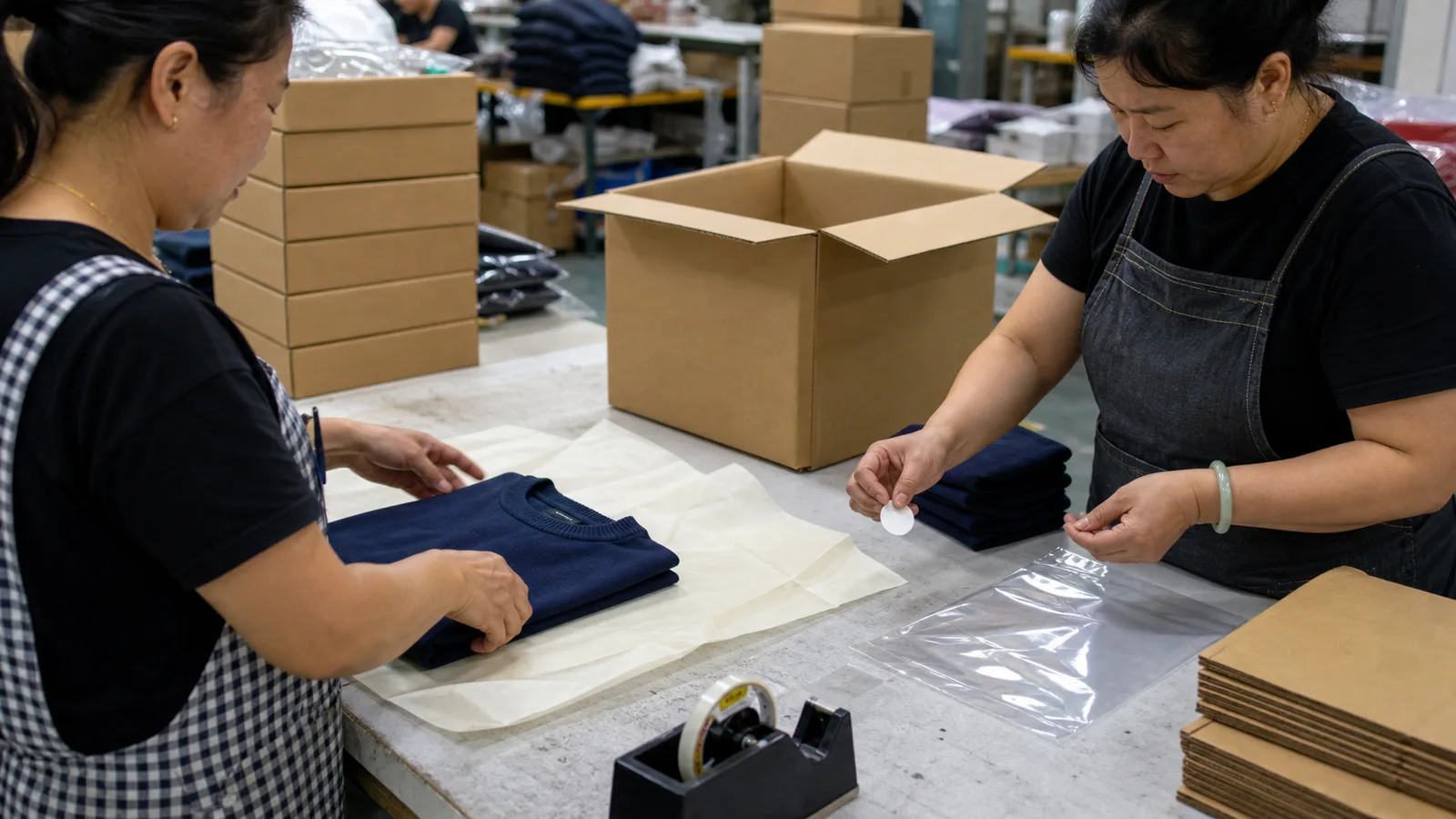 Garment team reviewing folded knitwear, packing materials, labels, and cartons for a controlled repeat-order release