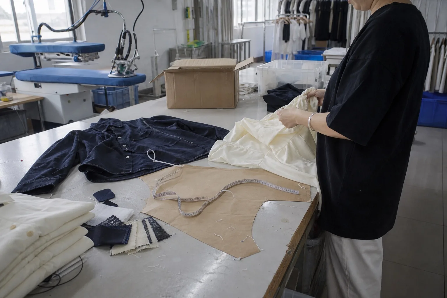 Factory merchandiser checking a cream blouse and navy overshirt beside fabric cuttings, a pattern piece, measuring tape, steam press station, and open carton in a working garment sample room