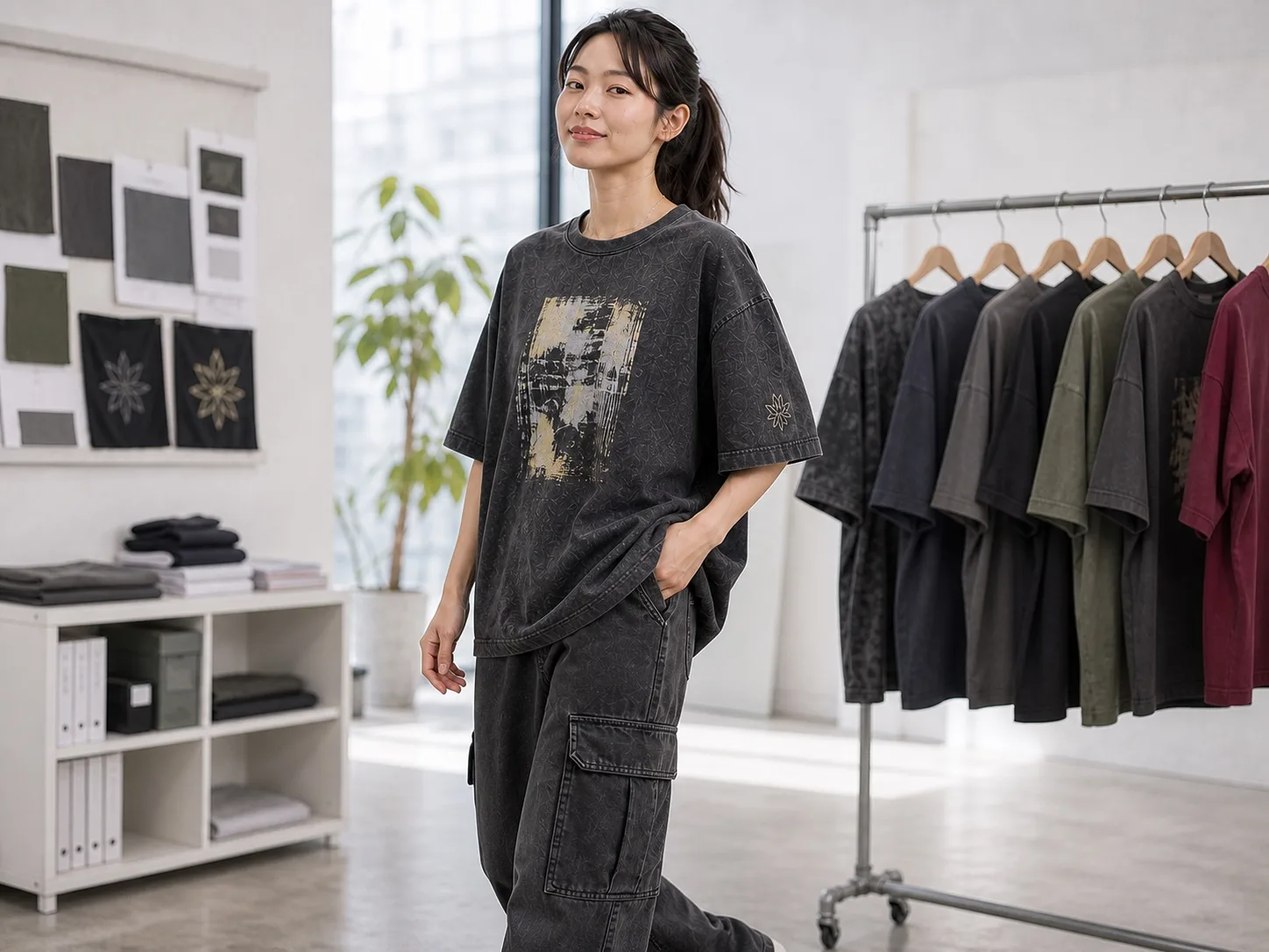 Model wearing a pigment-washed graphic streetwear T-shirt with screen print, embroidery, and cargo denim