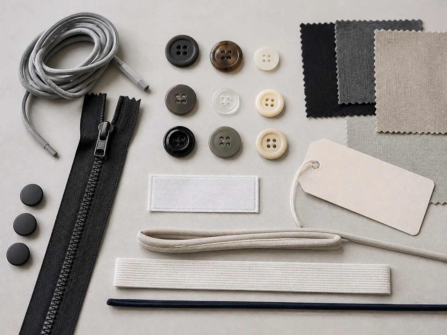 Fashion garment trim selection with buttons, zipper, drawcord, labels, and fabric swatches