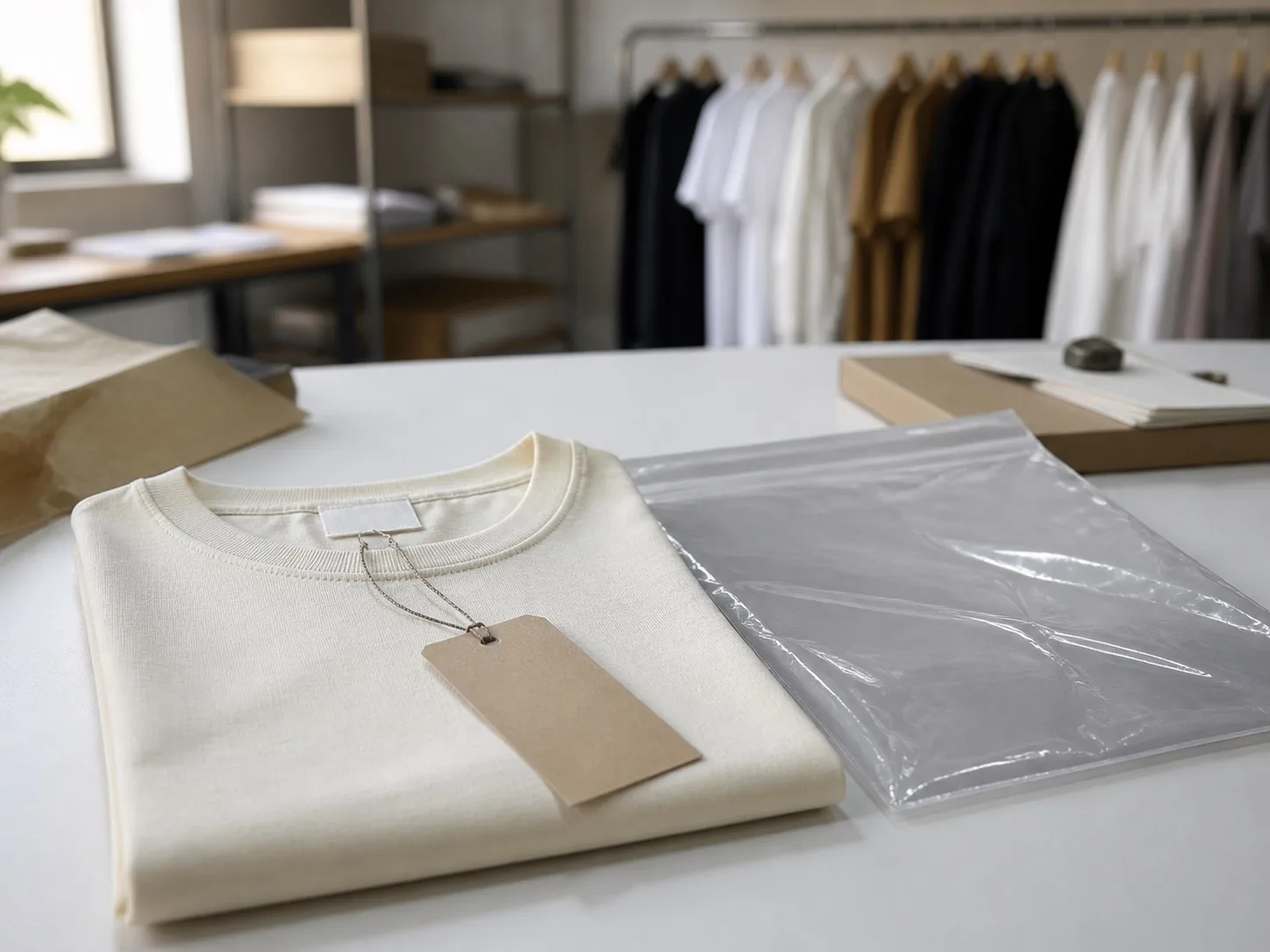 Folded private-label T-shirt with a neck label, kraft hangtag, and clear garment bag