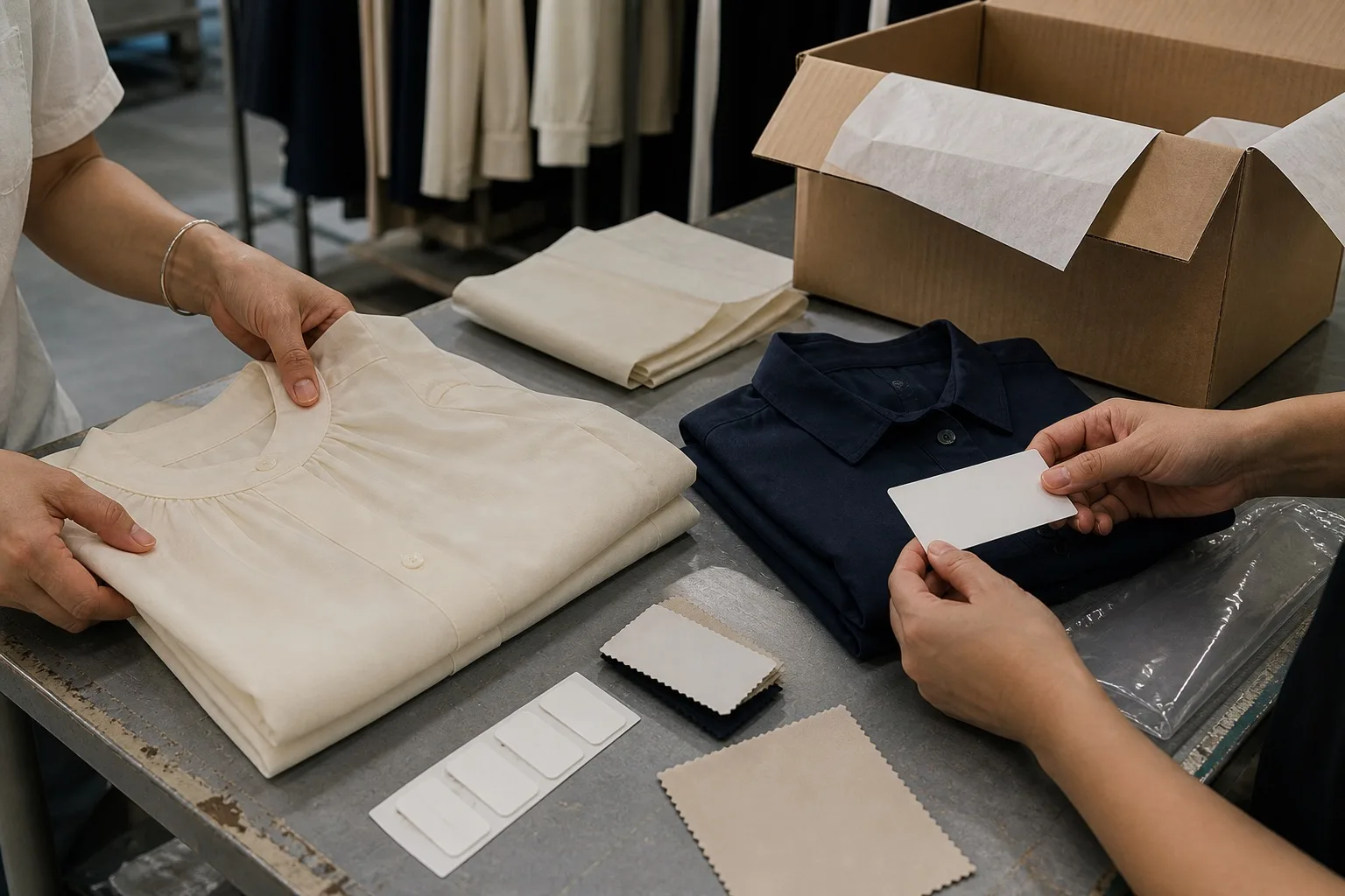 Factory workers checking folded cream and navy fashion garments, blank labels, fabric swatches, tissue paper, clear bag, and open cartons on a worn packing table