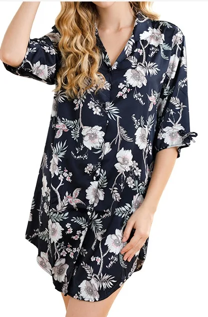 Navy floral robe with short sleeves and button-front construction used as a nightwear sample reference
