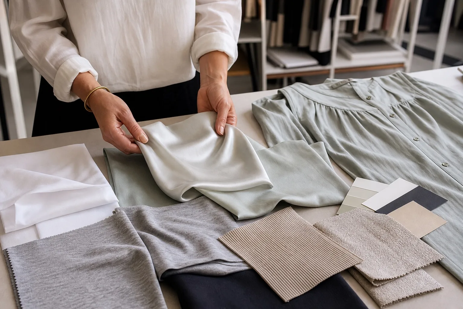 Fashion development specialist comparing drape, knit textures, colour cards, and garment samples before material selection