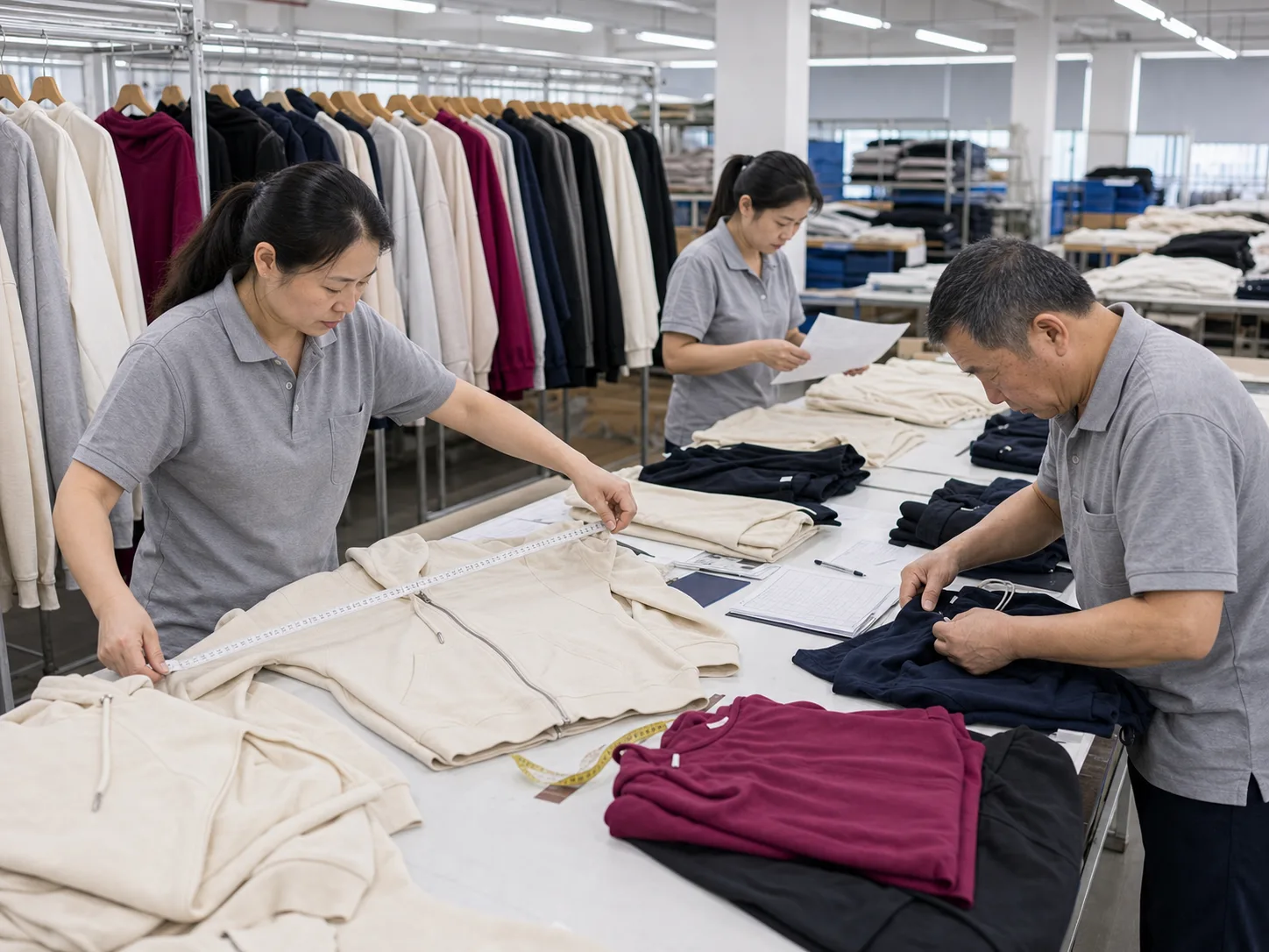 Quality control staff measuring finished garments and recording inspection results