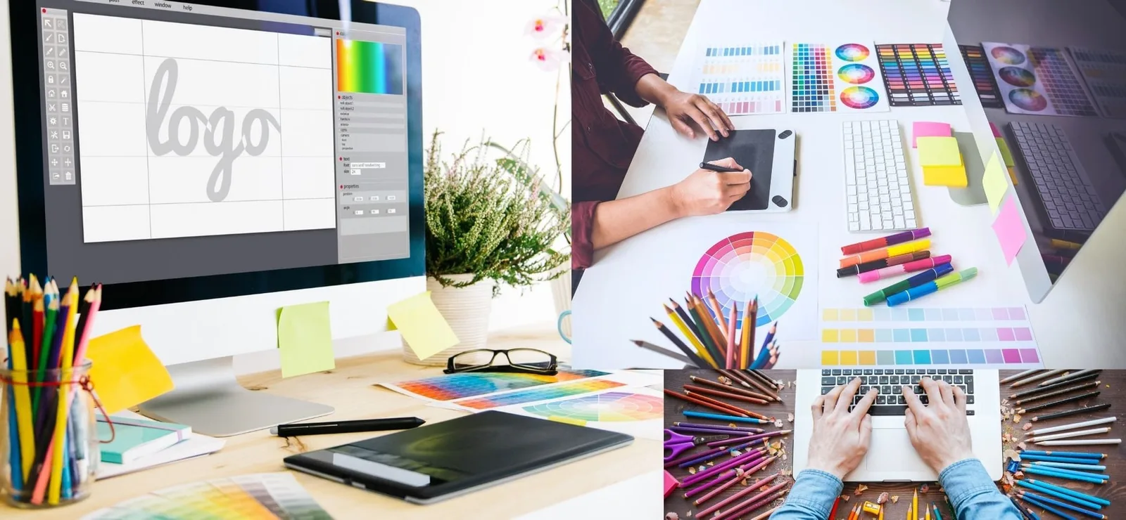 Brand artwork and colour-development references arranged beside a design computer