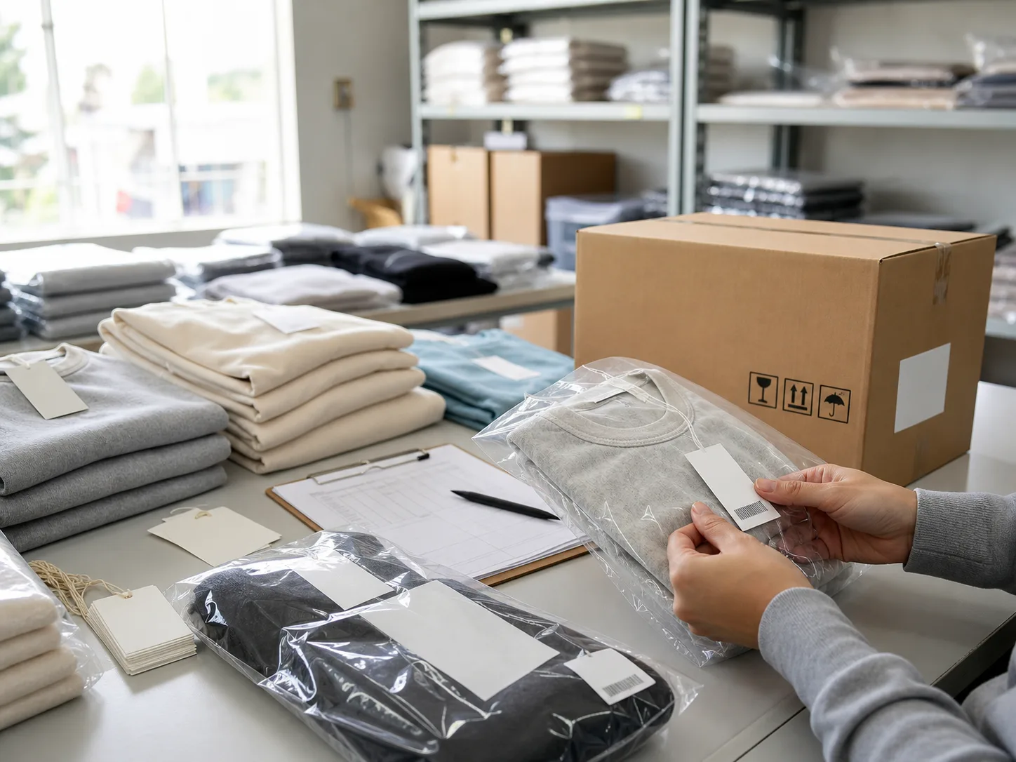 Folded garments, barcode labels, individual protection, packing checklist, and carton prepared for wholesale delivery