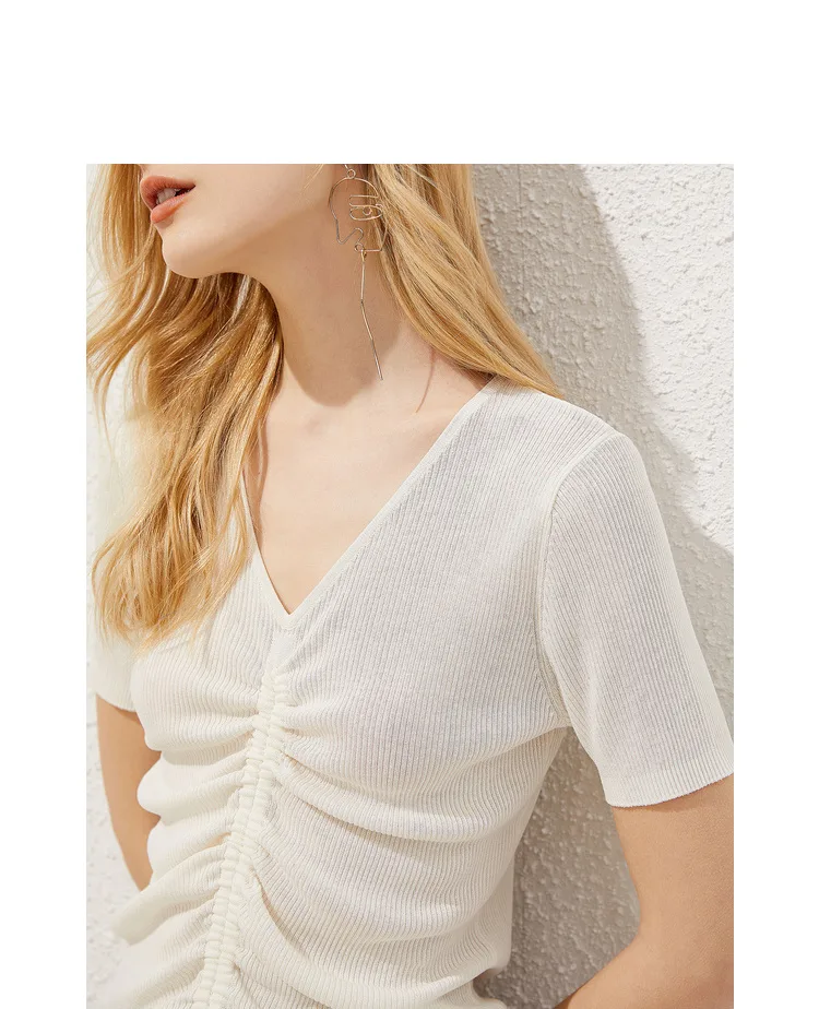 FKN-04 Gathered V-Neck Knit Tee wearing and construction view 1