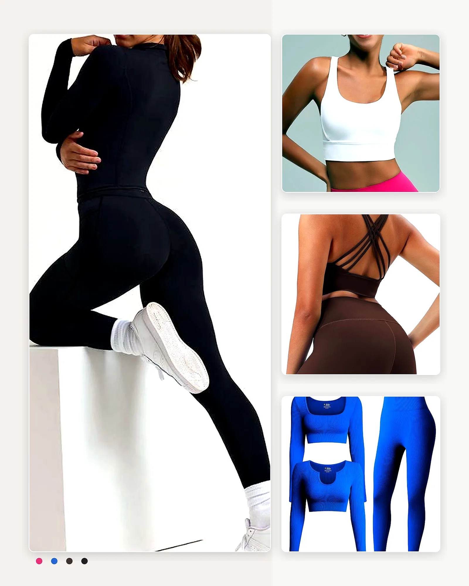 Editorial activewear collage with training set, sports bra detail, and logo-custom activewear separates