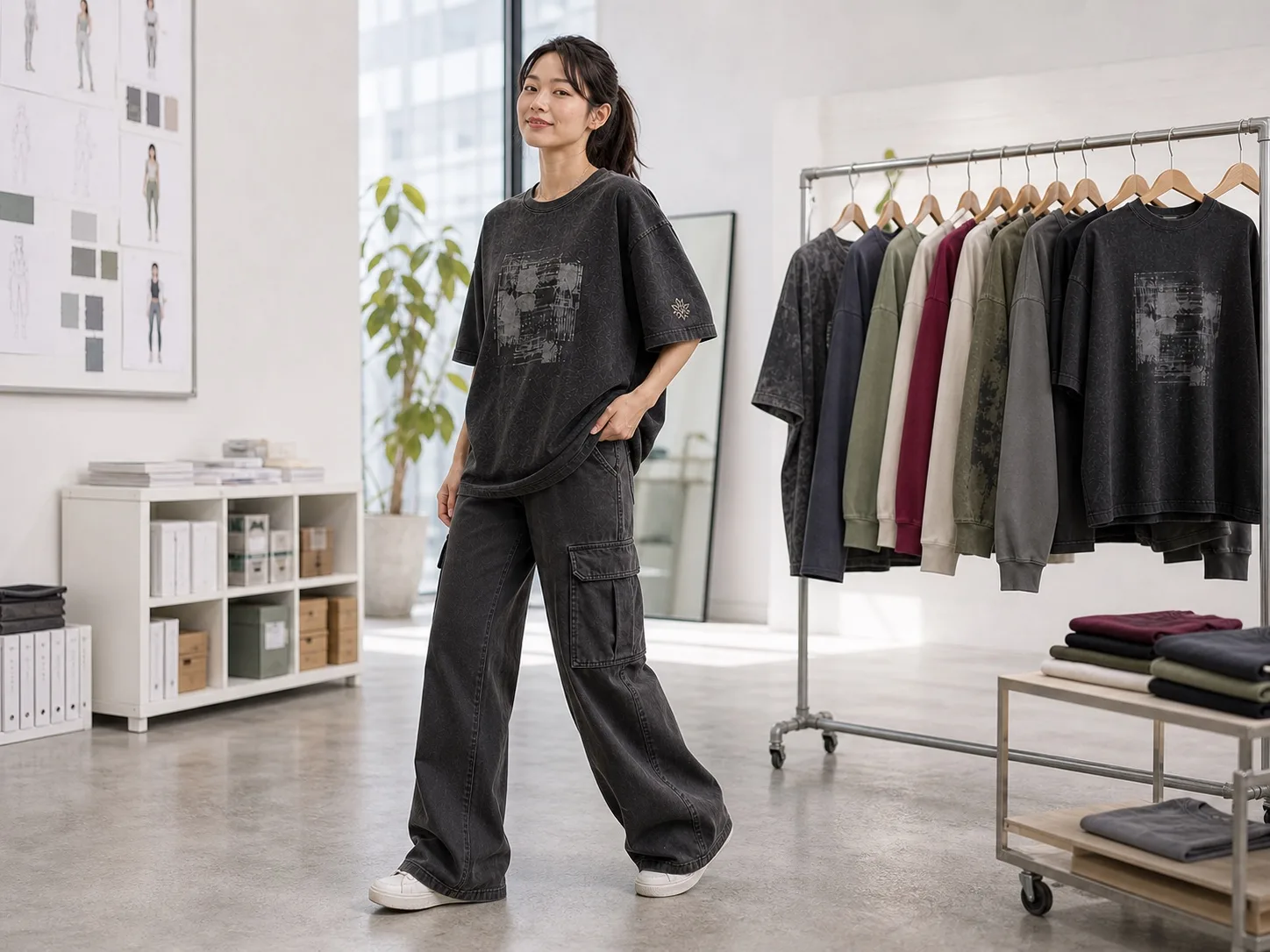 Model wearing a garment-washed graphic T-shirt and cargo jeans with printed and embroidered streetwear samples