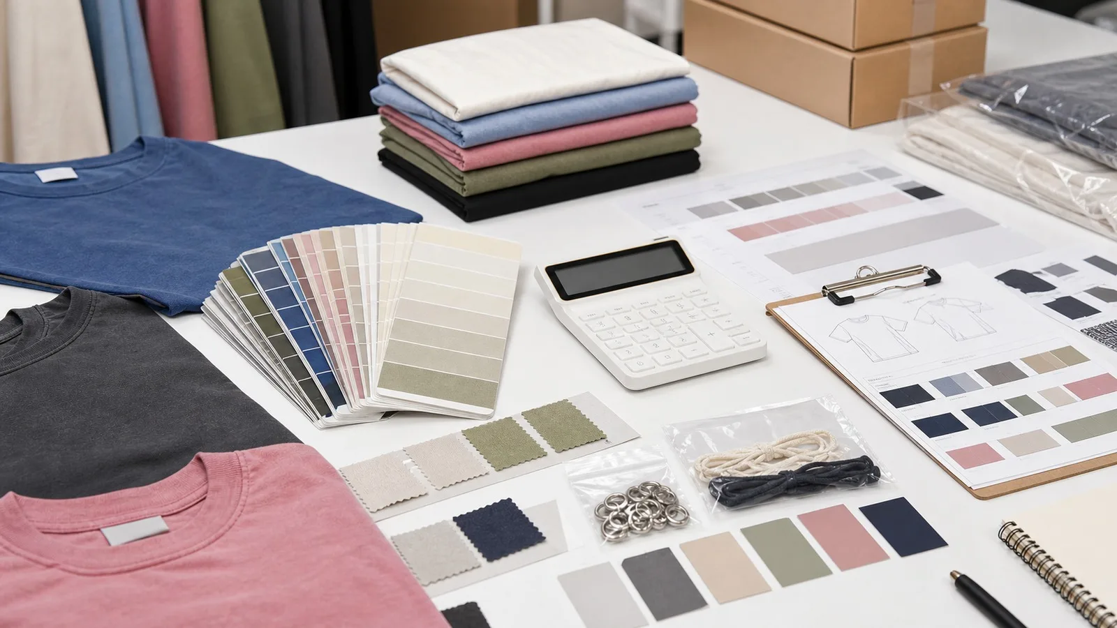 Fashion order planning table with garments, colour cards, fabric swatches, trims, quantity calculator, and MOQ or sample-cost notes