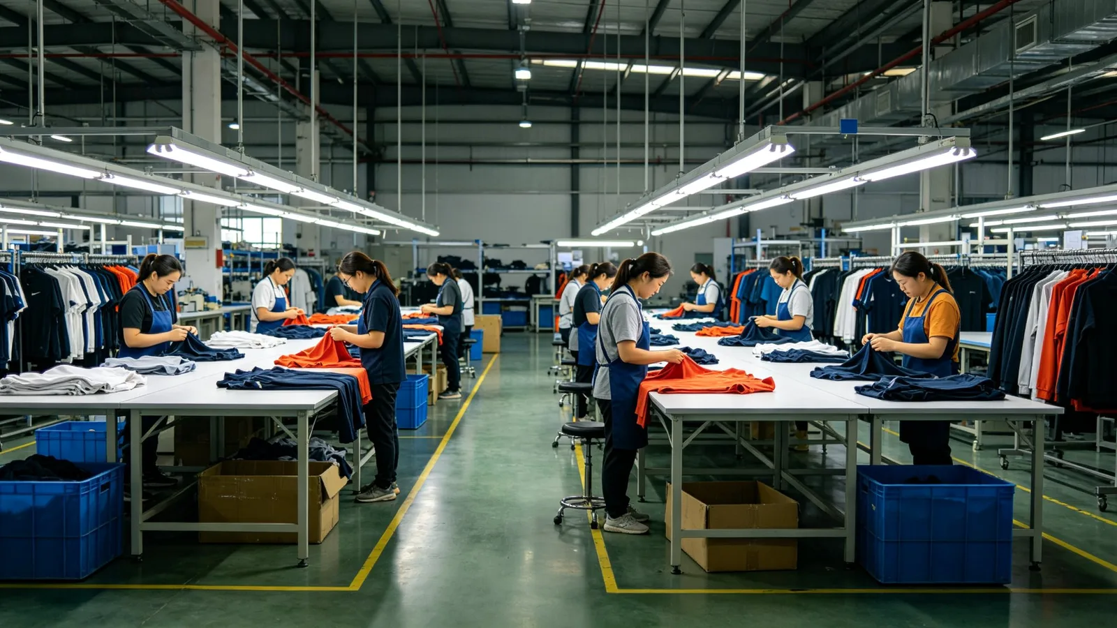 Fashion garments being checked on production tables in a Yinshan Fashion quality-review setting