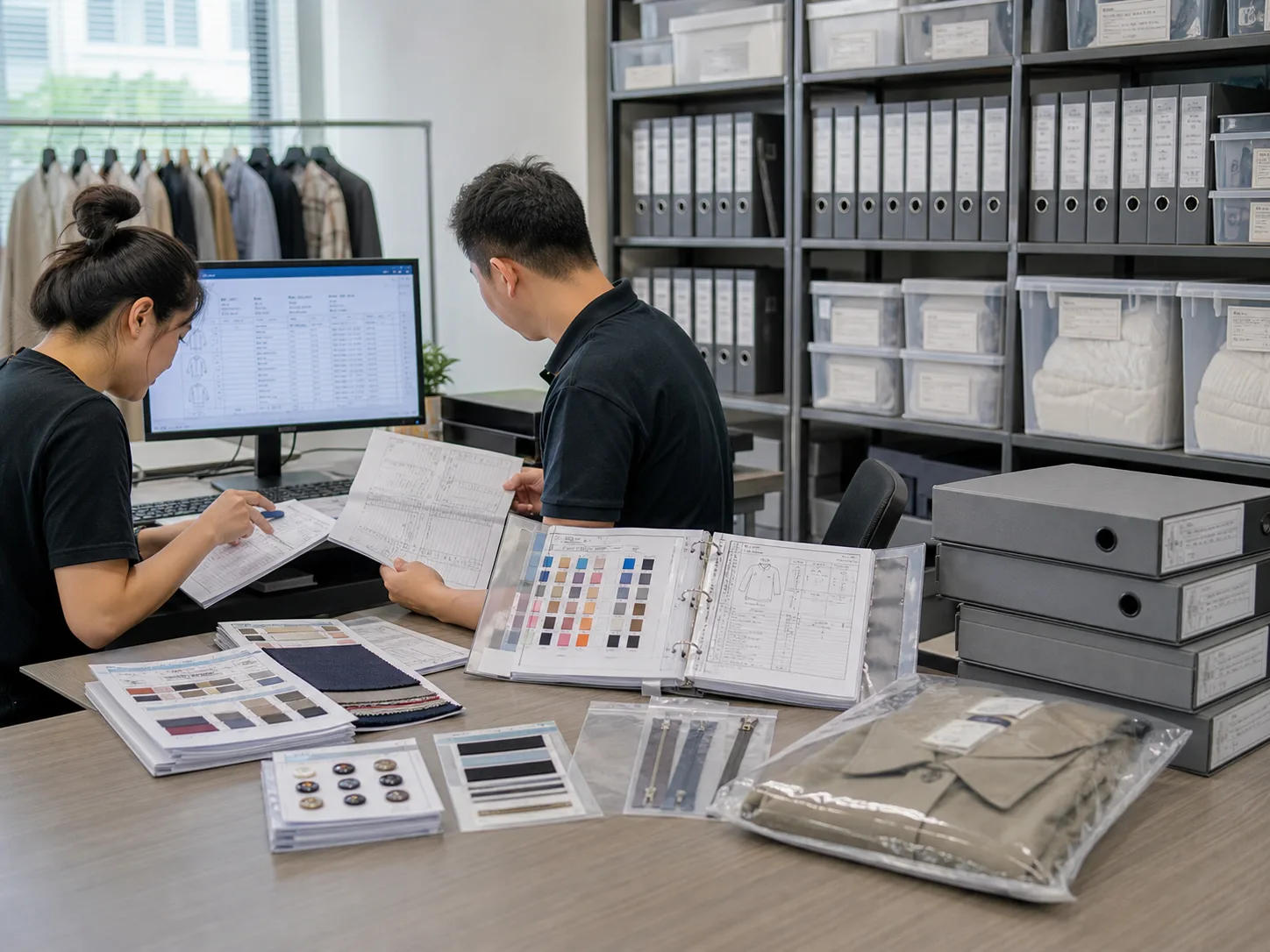 Apparel merchandisers archiving customer tech packs, approved samples, fabric swatches, trims, and digital order records for repeat production