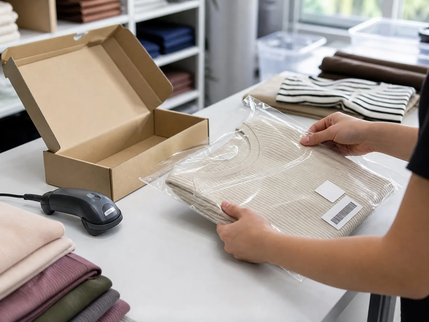 Fashion garment being checked and packed for e-commerce fulfilment with a scanner and clear garment bag